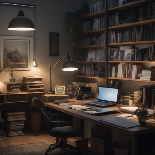 A dimly lit, cluttered home office with tangled wires, overflowing bookshelves, and scattered papers, contrasted with a sleek, minimalist digital workspace on a nearby laptop screen.