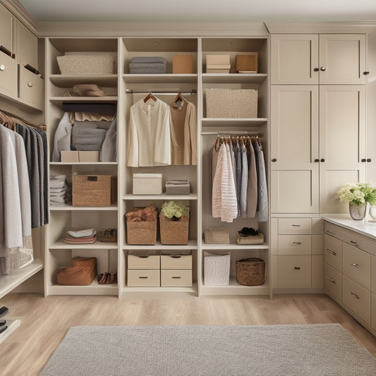 An organized senior's closet with a walk-in shelving unit, adjustable shelves, and a seated dressing area with a vanity and a floor-to-ceiling storage cabinet in a calming neutral color scheme.