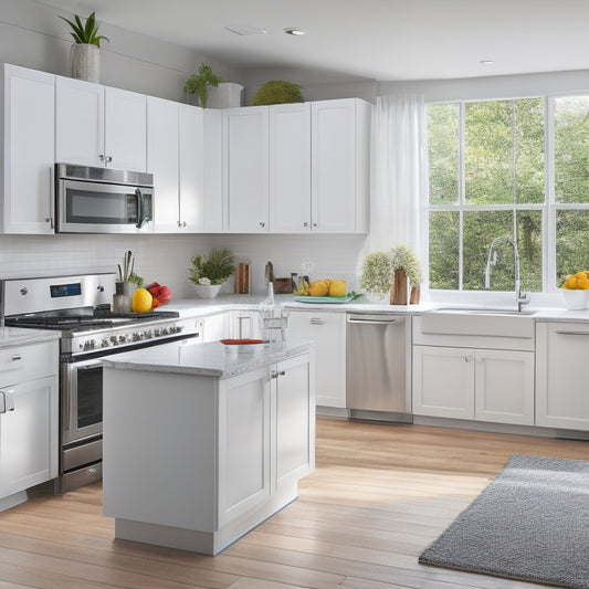 A bright, modern kitchen with sleek white cabinets, stainless steel appliances, and a large window, featuring a U-shaped layout with a central island and a cleverly hidden trash can.