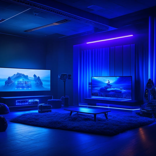 A darkened room with a massive, curved TV screen displaying a vibrant, action-packed gaming scene, surrounded by sleek, black Xbox consoles and controllers, with pulsing blue LED lights.