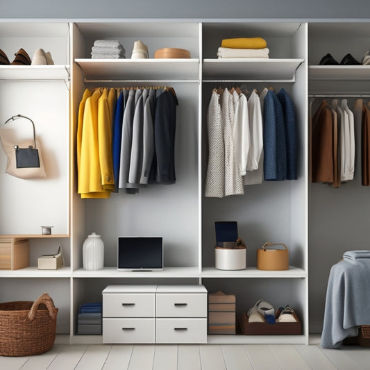 A minimalist illustration of a tidy closet with clothes organized by type and color, featuring a computer screen in the corner displaying a digital closet organizer dashboard with virtual shelves and clothes items.