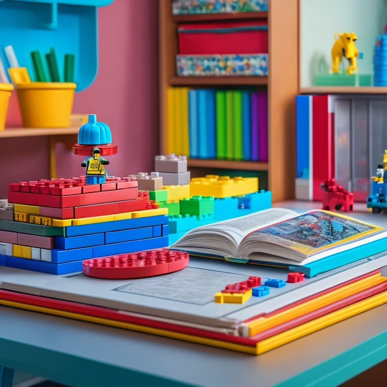 A clutter-free desk with a stack of neatly organized LEGO manuals, each with a colorful tab and a small LEGO brick paperweight, surrounded by a few scattered LEGO pieces and a miniature LEGO-built storage box.