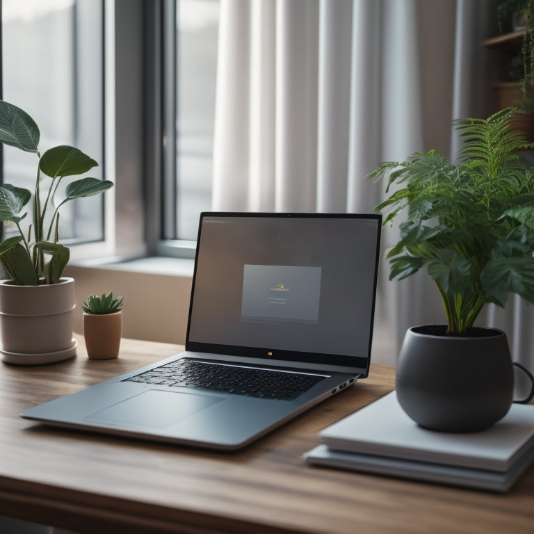 A serene, minimalist desk with a sleek laptop, a small potted plant, and a few neatly organized cords, surrounded by a subtle, blurred background of tidy digital devices and calm nature elements.