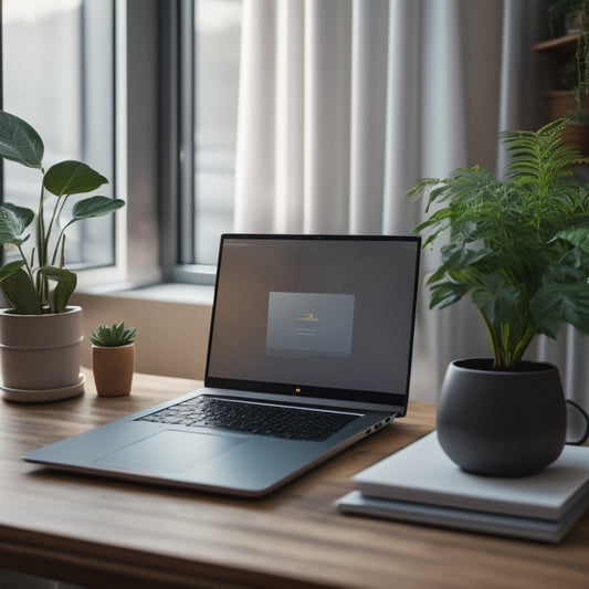 A serene, minimalist desk with a sleek laptop, a small potted plant, and a few neatly organized cords, surrounded by a subtle, blurred background of tidy digital devices and calm nature elements.