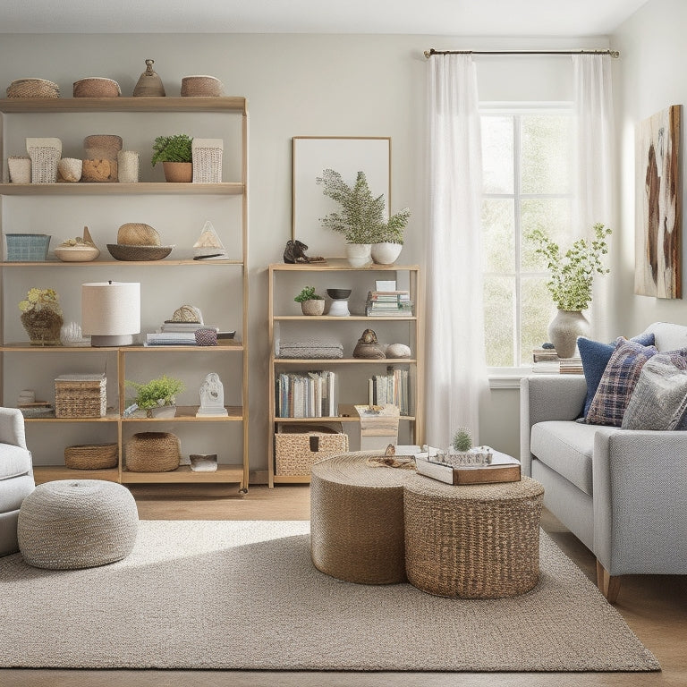 A serene, clutter-free Miami living room with a few, carefully selected decorative items, a tidy bookshelf, and a KonMari-certified organizer in the background, smiling, with a few folded clothes nearby.