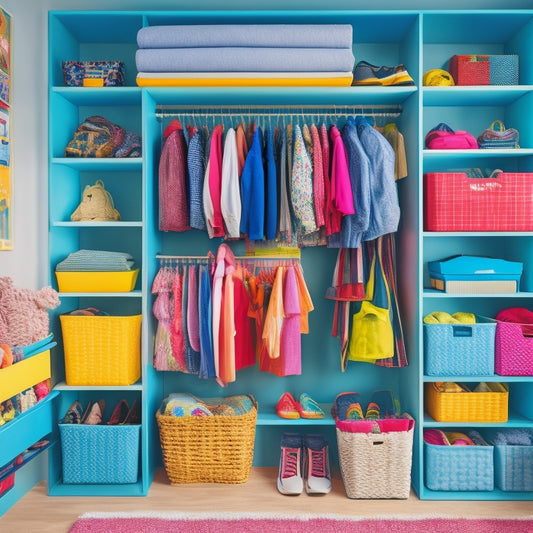 A colorful, tidy kid's closet with a double-rod clothes organizer, stackable storage bins, and a shoe rack, surrounded by toys and books on shelves, with a few outfits hung up and a few folded on top shelves.