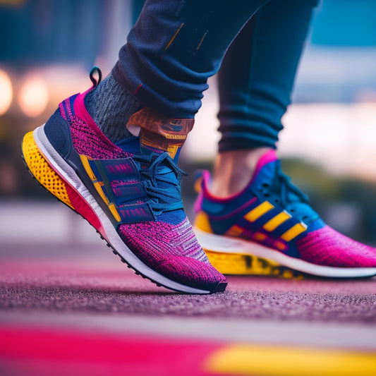 A close-up shot of a runner's feet in mid-stride, showcasing the Adidas X PLR Boost sneakers in bold, bright colors, with blurred background and motion blur effect to convey speed and dynamism.