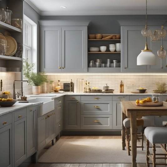 A serene, well-lit kitchen with a mix of open and closed cabinets in various shapes, sizes, and finishes, showcasing clever storage solutions and stylish organizational systems.