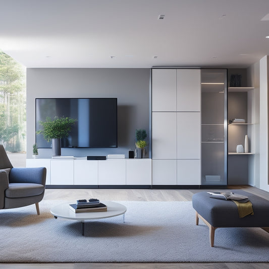 A minimalist, modern living room with a sleek, floor-to-ceiling storage unit featuring sliding glass doors, LED-lit shelves, and a built-in charging station for devices.