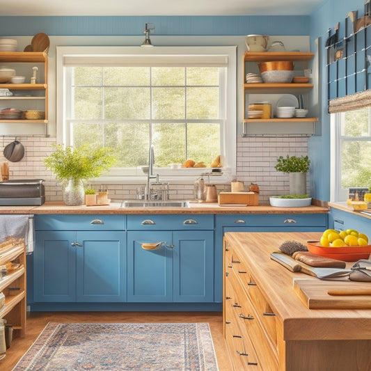 A clutter-free kitchen with a large, central island featuring a built-in cutting board, sink, and stove, surrounded by utensil organizers, a pegboard, and a pot rack, with a window above the sink.