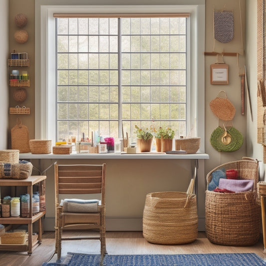 A clutter-free craft space with a large, wooden desk, surrounded by woven baskets, vintage jars, and a pegboard adorned with colorful threads, scissors, and paintbrushes, beneath a large, sun-filled window.