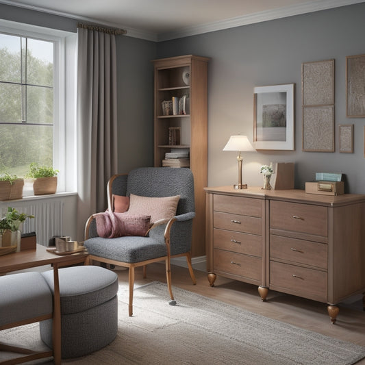 A serene nursing home room with a sleek, wall-mounted storage unit, a compact, wheeled desk, and a comfortable, clutter-free bed with a built-in nightstand and reading lamp.