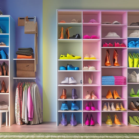 An illustration of a compact, clutter-free closet with a rainbow of shoes stacked vertically on a multi-tiered shelf, surrounded by minimalist decor and warm lighting.