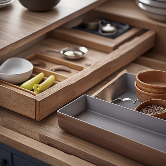 A tidy kitchen drawer with various pot and pan sizes, separated by custom dividers made of wood or bamboo, with soft, warm lighting and a blurred background.