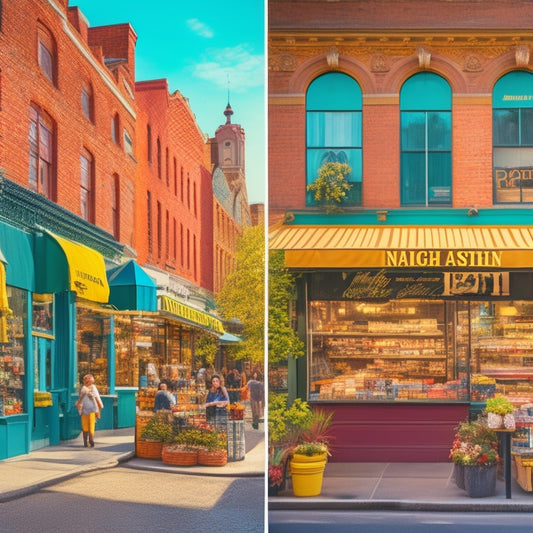 A vibrant, sunny street scene with diverse storefronts, including a bustling café, a colorful boutique, a family-owned grocery, and a vintage bookstore, all showcasing unique signage and decorations.