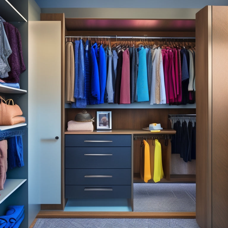 A sleek, modern closet with shelves, rods, and drawers, surrounded by digital screens displaying 3D closet designs, color swatches, and fabric patterns, with a tablet and stylus on a nearby countertop.