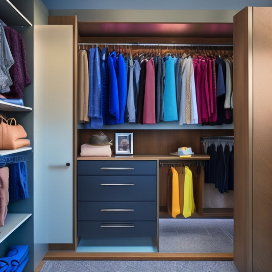 A sleek, modern closet with shelves, rods, and drawers, surrounded by digital screens displaying 3D closet designs, color swatches, and fabric patterns, with a tablet and stylus on a nearby countertop.