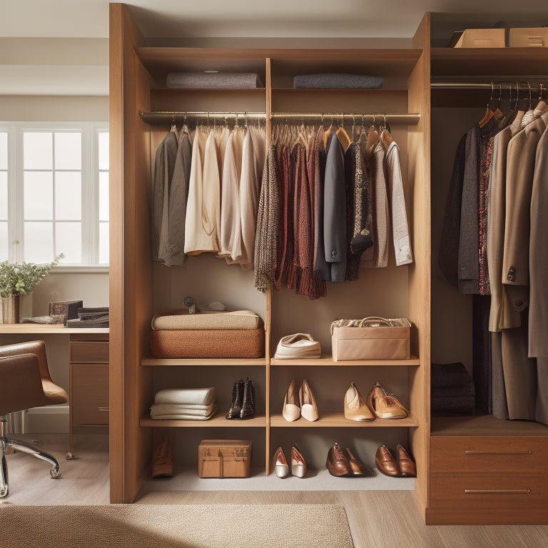 A serene, well-organized closet interior with custom shelving in a warm, honey-brown wood tone, featuring varying shelf depths and heights, with neatly arranged clothing, shoes, and accessories.