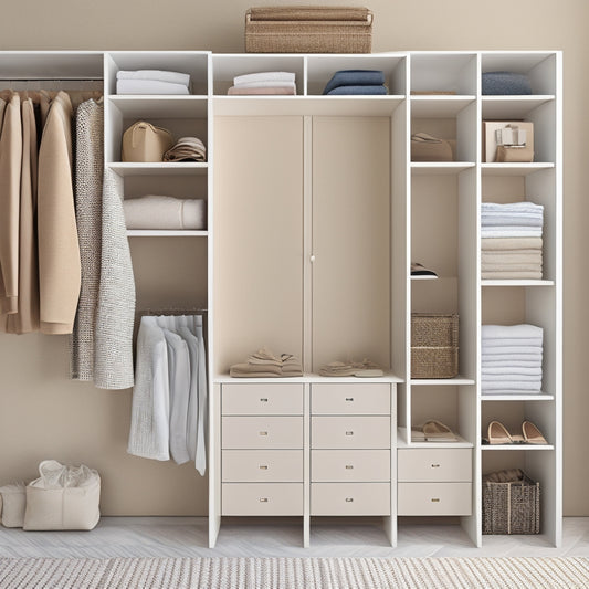 A tidy, minimalist closet with a neutral beige background, featuring a mix of open shelving and closed storage units, showcasing a curated selection of folded clothes, hanging garments, and stylish accessories.