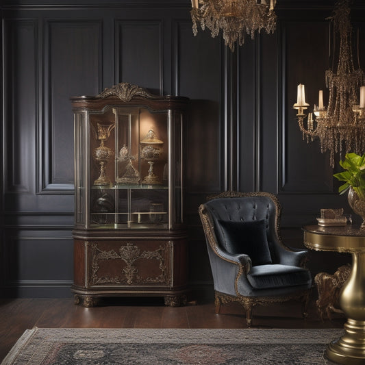 A luxurious, dimly-lit room with a statement Breckenridge II Curio Cabinet as the centerpiece, surrounded by plush velvet drapes, rich wood accents, and a few strategically-placed, ornate decorative objects.