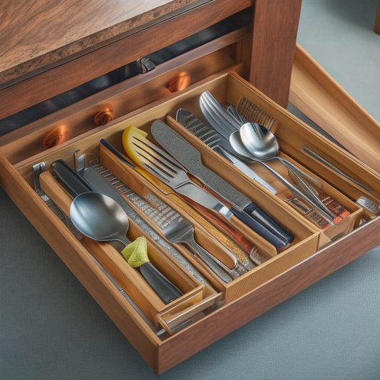A beautifully organized utensil drawer with custom inserts, featuring a divided space for knives, forks, and spoons, alongside a built-in sharpener and a small tray for miscellaneous items.