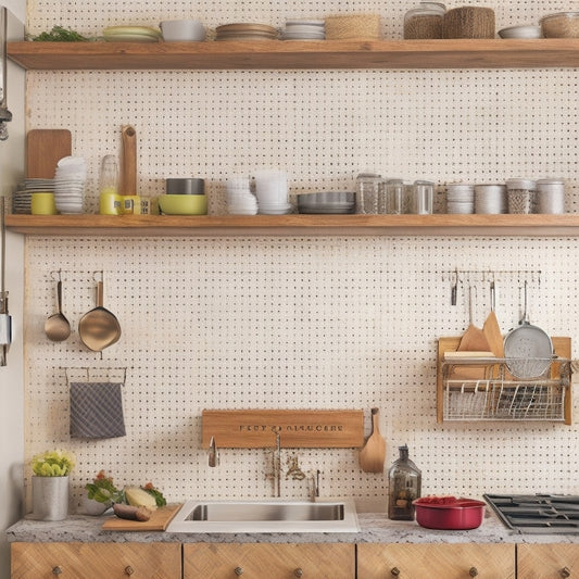 A stylized, clutter-free kitchen with a pegboard on a wall, holding hanging utensils and pots, alongside a sliding spice rack, and a multi-tiered cart with baskets and a built-in cutting board.