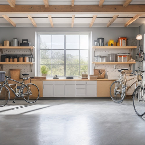 A clutter-free garage with polished concrete floors, sleek silver cabinets, and a pegboard adorned with neatly organized tools, bicycles, and storage bins, illuminated by natural light pouring in through large windows.