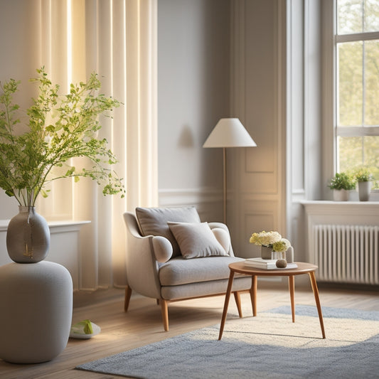 A serene, minimalist living room with a few, carefully-curated decorative items, a vase with fresh flowers, and a single, plush armchair, illuminated by soft, natural light streaming through a large window.