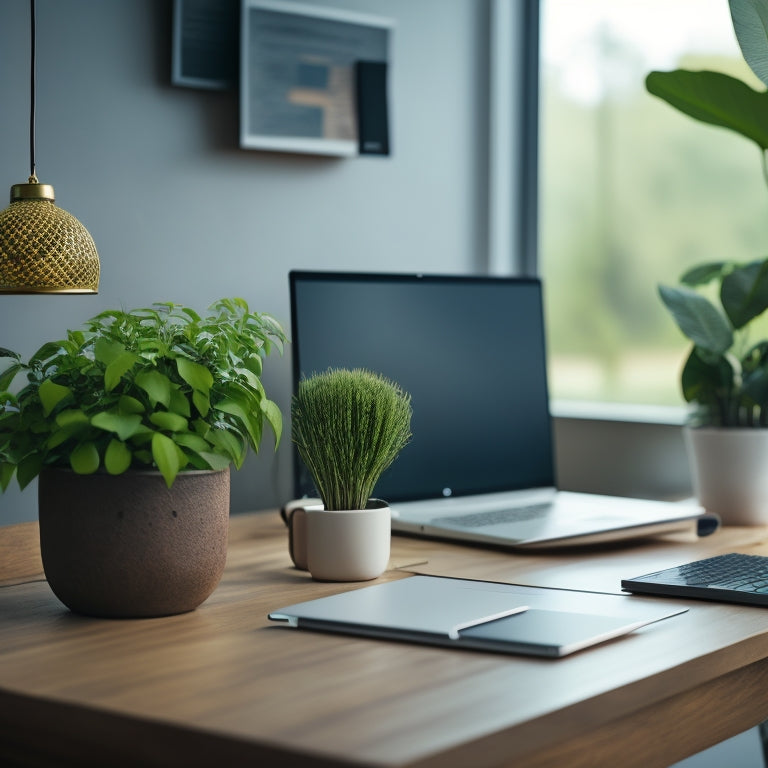 An organized, minimalist desk with a laptop, a few neatly arranged folders, and a single blooming plant, set against a blurred background of cluttered office spaces and messy computer screens.