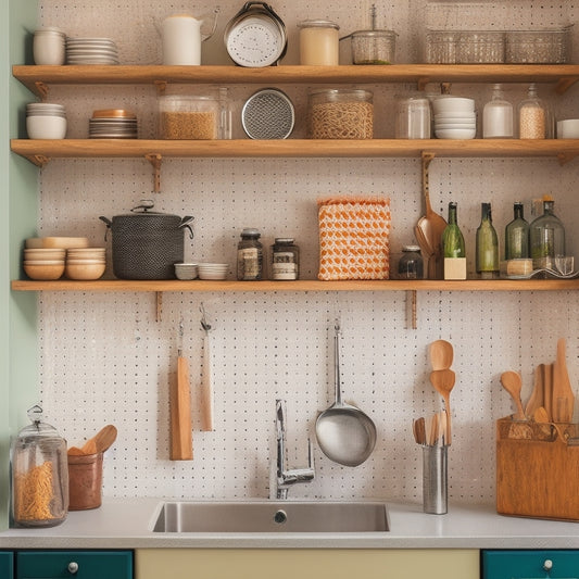A clutter-free small kitchen with a pegboard on the wall, holding utensils and spices, adjacent to a narrow shelving unit with baskets and a slide-out trash can.