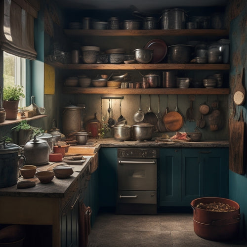 A dimly lit, cluttered small kitchen with open cabinets revealing stacked pots, pans, and utensils, a messy countertop with crumbs and spills, and a hint of hidden chaos behind a slightly ajar pantry door.