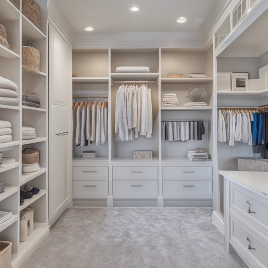 A serene master closet interior with creamy white cabinets, soft gray walls, and plush cream-colored carpeting, featuring a custom shelving system with neatly organized clothes, shoes, and accessories.