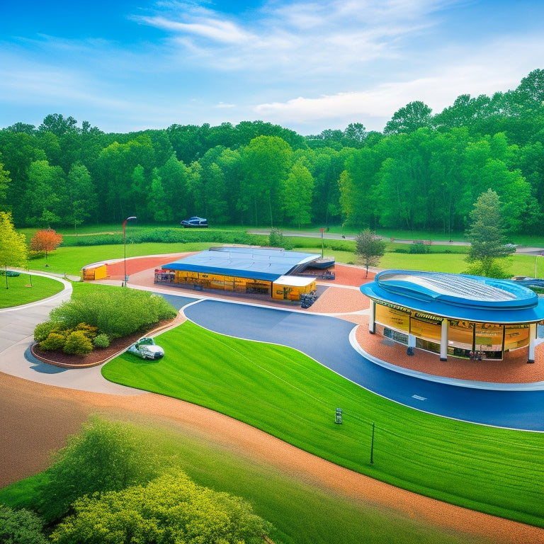 An aerial view of the Herndon Sheetz store with a large, curved solar panel roof, surrounded by lush greenery and a rain garden, with electric vehicle charging stations in the parking lot.