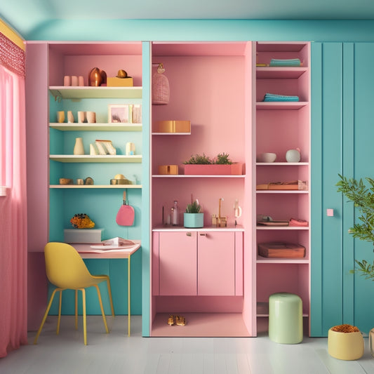 A stylized, brightly lit illustration of a modern home with clever storage solutions, featuring a Murphy bed, wall-mounted shelves, hidden drawers, and a pull-out pantry, all in a calming, pastel color scheme.