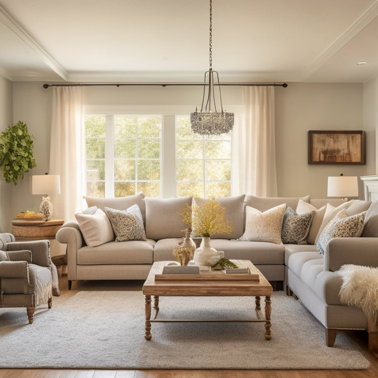 A serene living room with a plush sectional sofa in a light gray tone, adorned with patterned pillows and a statement chandelier above a reclaimed wood coffee table.