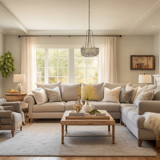 A serene living room with a plush sectional sofa in a light gray tone, adorned with patterned pillows and a statement chandelier above a reclaimed wood coffee table.