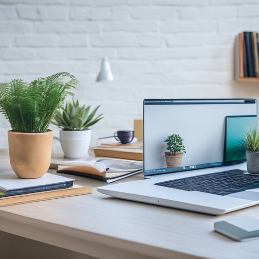 A tidy, minimalist desk with a laptop and a digital tablet displaying a colorful, organized digital planner, surrounded by a few neatly stacked books and a small potted plant.