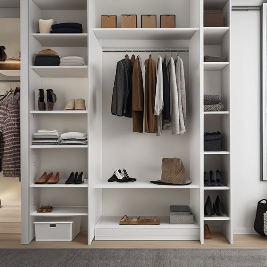 A minimalist closet with a sleek, floor-to-ceiling storage system, featuring a tablet mounted on the wall displaying a digital closet organizer app, surrounded by neatly arranged clothes and shoes.
