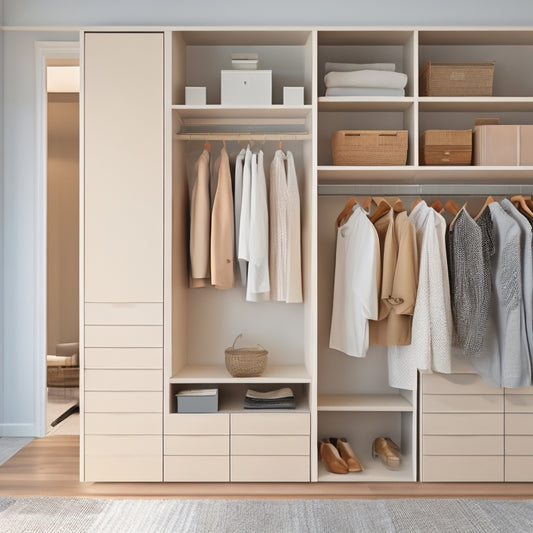 A minimalist, modern closet interior with sleek shelves, drawers, and rods, featuring a color palette of calming whites, creams, and light woods, with a few stylish accessories and a single, elegant hanger.