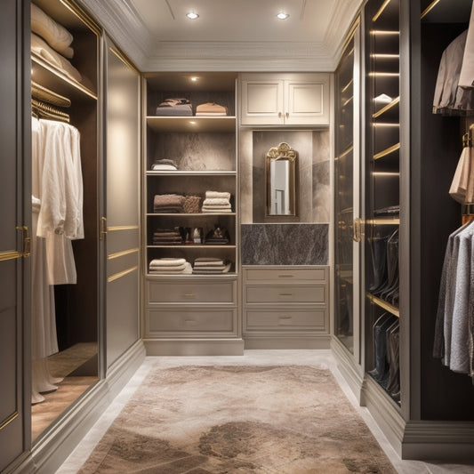 A serene, luxurious walk-in closet with creamy marble floors, soft golden lighting, and custom-built shelves in a rich, dark wood, showcasing a meticulously organized array of designer clothing and accessories.