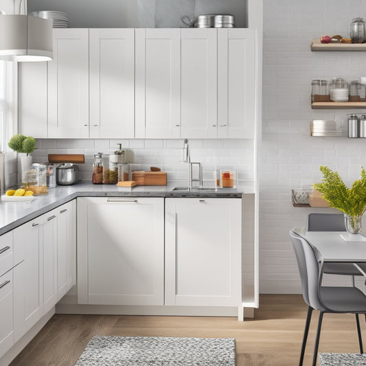 A modern kitchen with sleek, white cabinetry, featuring a pull-out trash can, a slide-out spice rack, and a fold-down knife block, all cleverly hidden under the countertops.