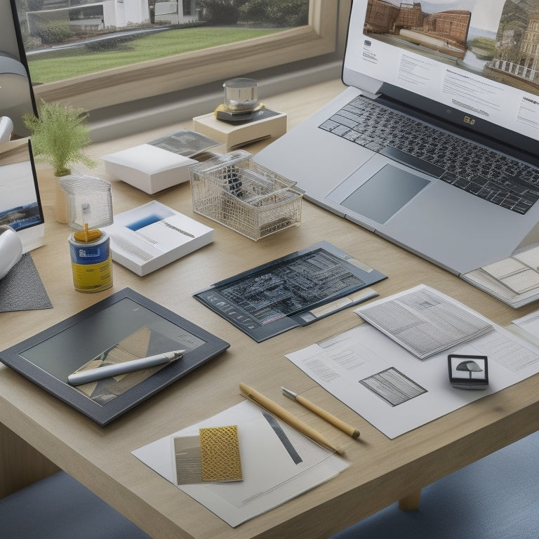 An organized desk with a laptop, tablet, and smartphone, each displaying a different home design software, surrounded by architectural blueprints, paint swatches, and a miniature 3D home model.