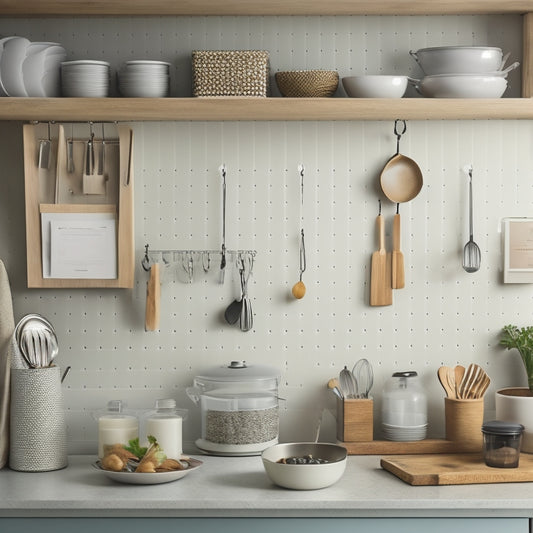 A tidy kitchen counter with a few carefully arranged utensil holders, a divided drawer with labeled compartments, and a pegboard with hooks, all in a calming, neutral color scheme.