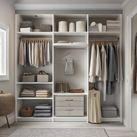 A serene, well-lit closet interior with soft, creamy walls, dark wood shelves, and a sleek, silver rod, featuring neatly hung garments, stacked storage bins, and a few carefully placed accessories.