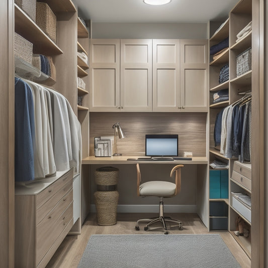 A serene, well-lit closet transformed into a compact office, with a sleek wooden desk, ergonomic chair, and floor-to-ceiling shelves storing office supplies and a few select clothes.