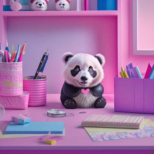 A whimsical illustration of a pink panda sitting at a desk, surrounded by colorful stationery and papers, holding a pink organizer with heart-shaped tabs, amidst a subtle background of gentle, swirly patterns.