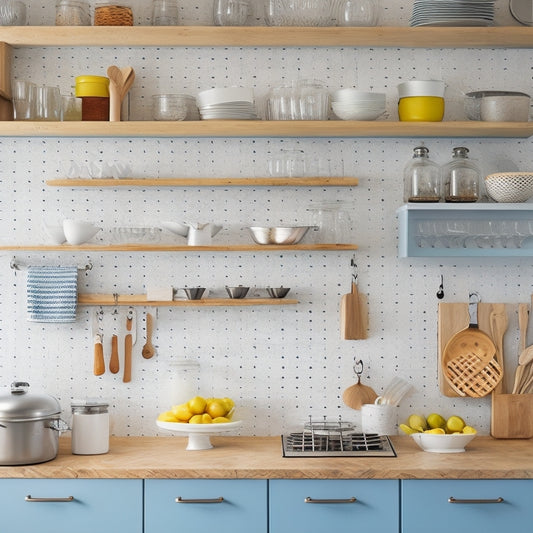 A bright, modern kitchen with a mix of open shelves, drawers, and cabinets in various sizes, featuring a pegboard, hanging utensils, and a built-in Lazy Susan.