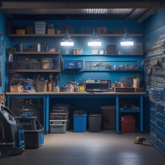 A cluttered, dimly lit garage with scattered tools and storage containers, transformed into a bright, organized space with labeled bins, shelves, and a pegboard, with a laptop open in the corner.