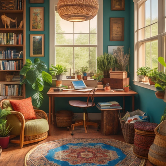 A serene, well-lit homeschool space with a wooden desk, organized shelves, and a colorful rug, surrounded by a few plants, a globe, and a comfortable reading nook.