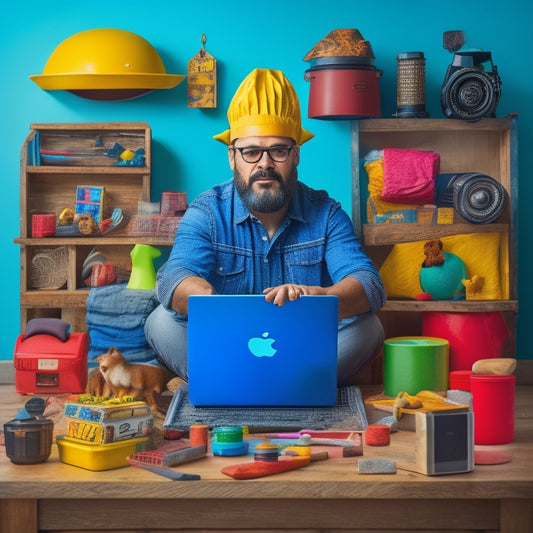 A warm and colorful illustration of a stay-at-home dad surrounded by various side hustle symbols, such as a laptop, camera, paintbrushes, and a chef's hat, amidst toys and baby blocks.